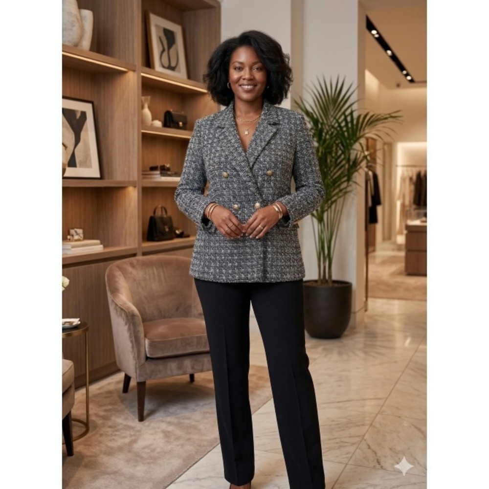 Nanette Lepore Double‑Breasted Bouclé‎ Tweed Blazer Black White Size 16